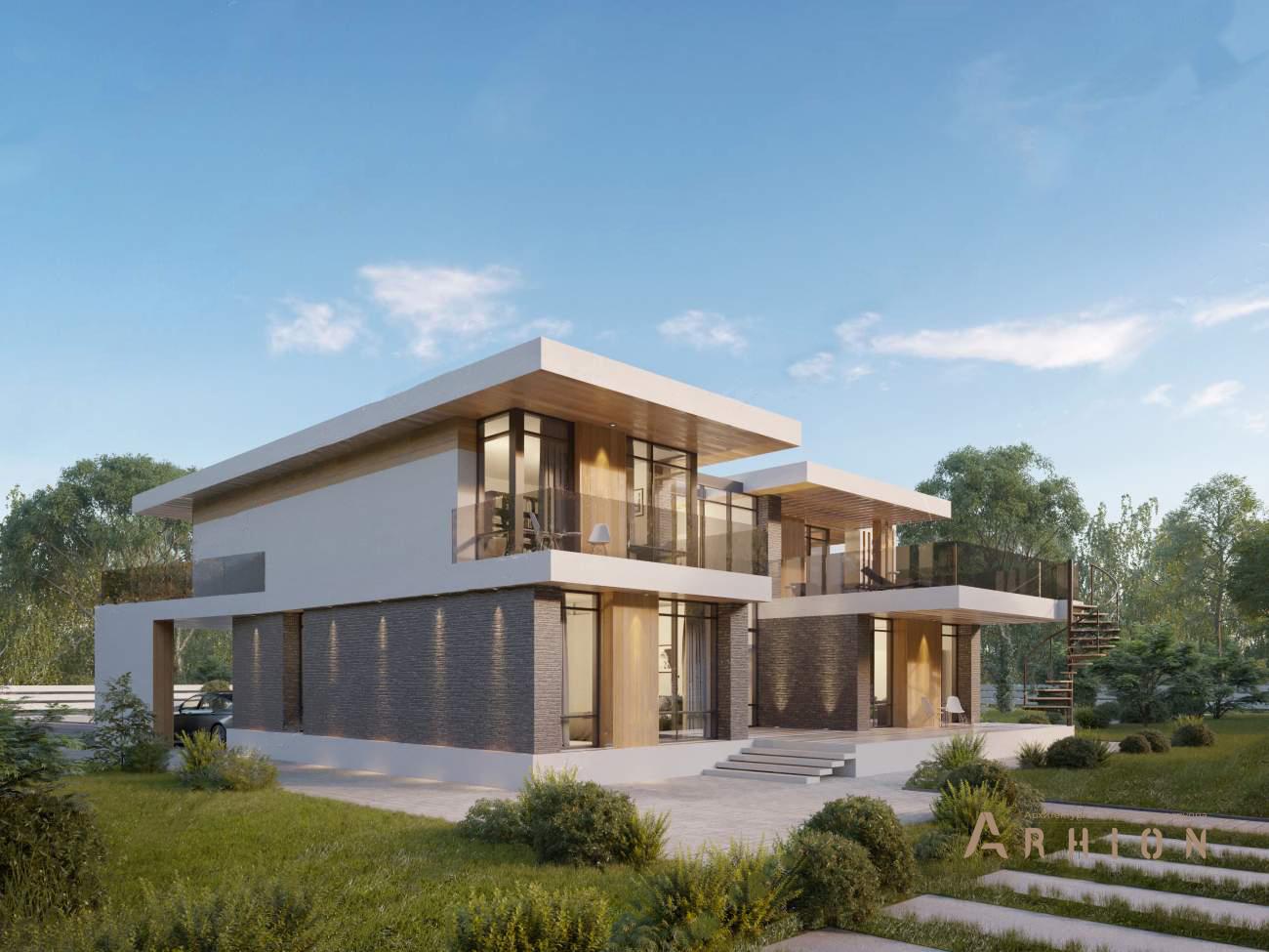 3. Проект двухэтажного дома в стиле хай-тек с плоской кровлей , rh-450, площадью - 450 кв c сауной, терассой, балконом, гаражом, вторым светом